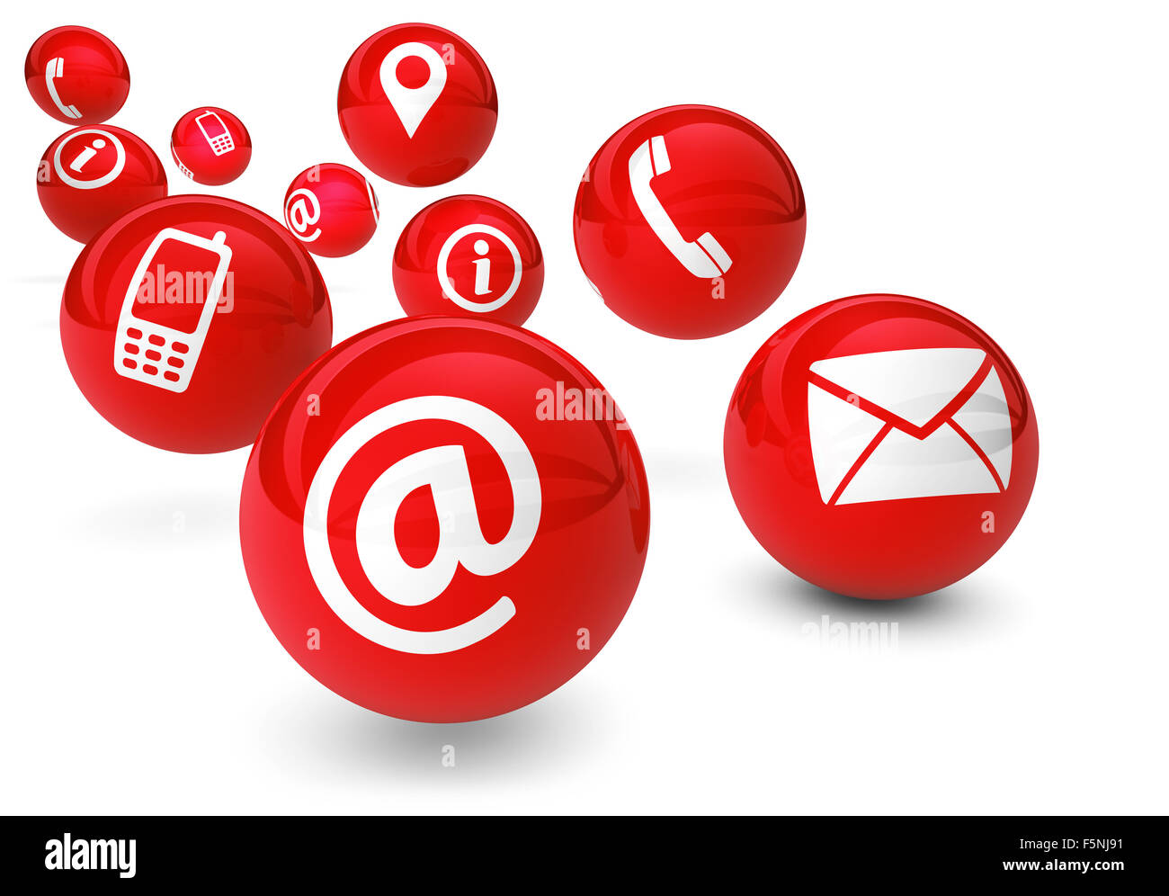E-mail, web et Internet concept avec contact et le branchement des symboles et rebondissant sur les sphères rouges isolé sur blanc. Banque D'Images