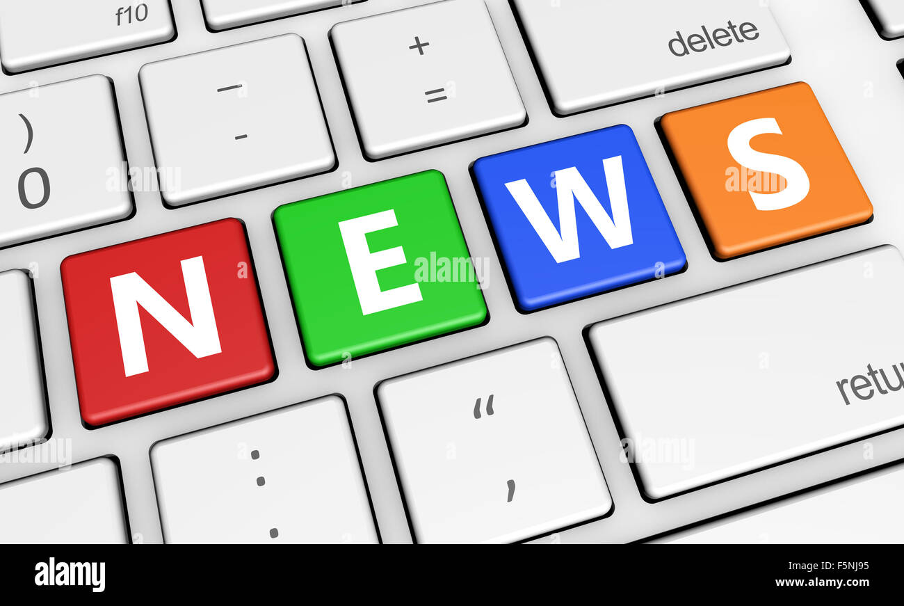 Médias numériques et de l'information en ligne concept avec sign et lettre sur un clavier d'ordinateur portable couleur 3d illustration. Banque D'Images