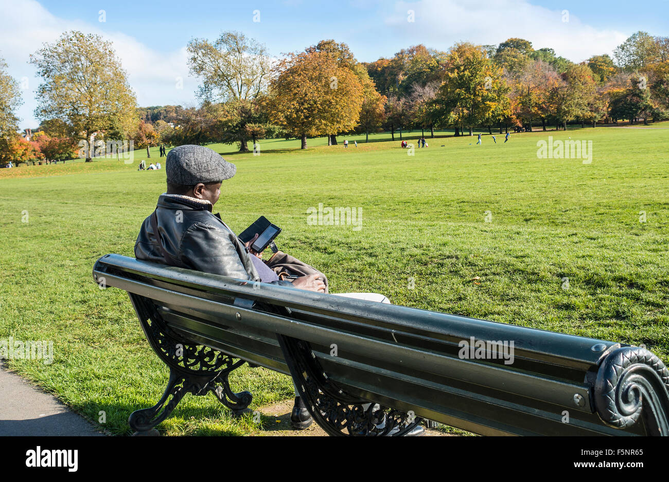 Homme assis sur un banc à l'aide de Londres Greenwich Park Smartphone Temps d'automne Banque D'Images