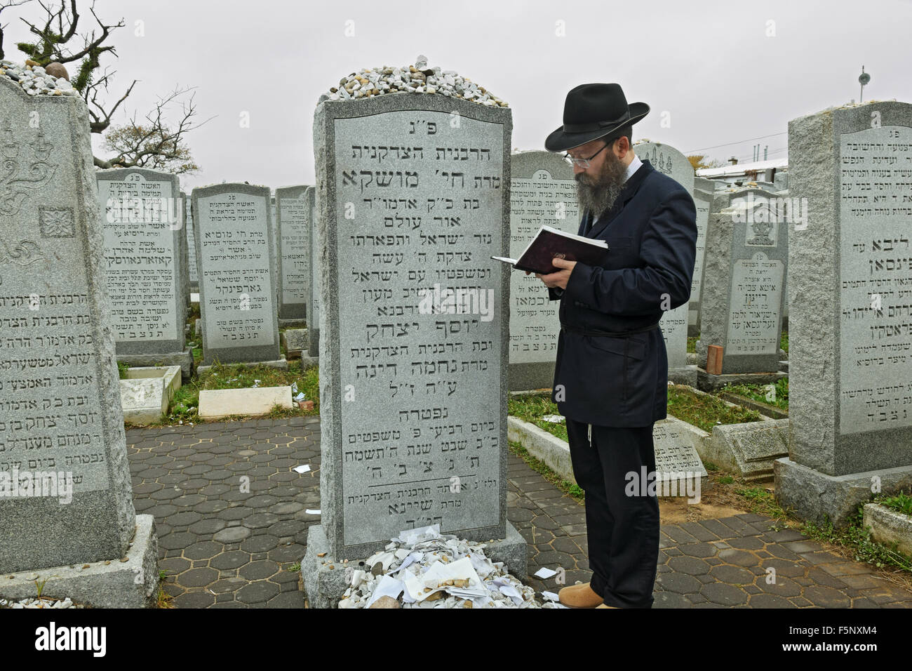 Un homme juif religieux priant au Ohel à la sépulture de l'épouse de Rav Loubavitch. Dans le Queens, New York. Banque D'Images