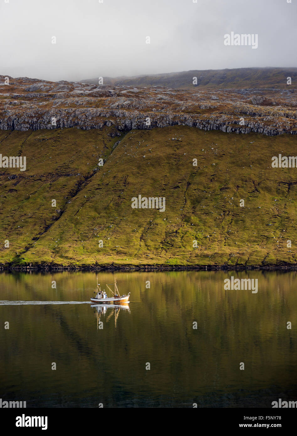 Bateau de pêche sur le fjord calme Banque D'Images