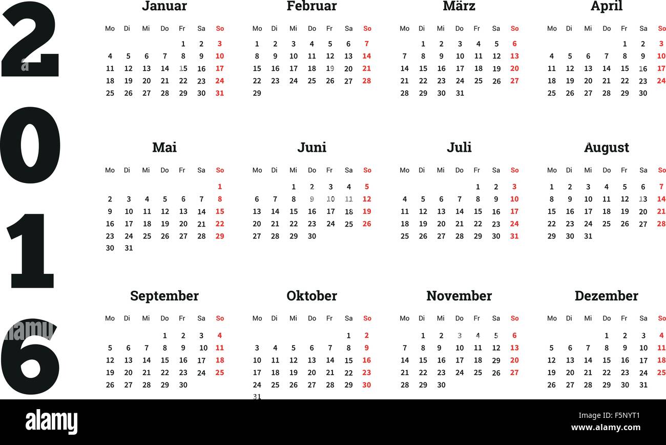 L'année 2016 du calendrier sur la langue allemande, une taille de feuille4 Illustration de Vecteur