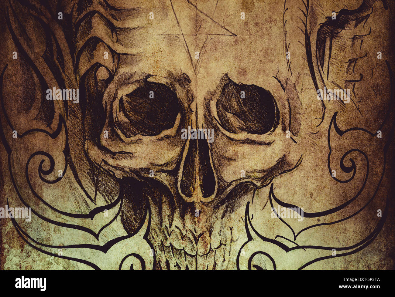 L'art du tatouage, croquis de crâne avec dessins tribal Banque D'Images