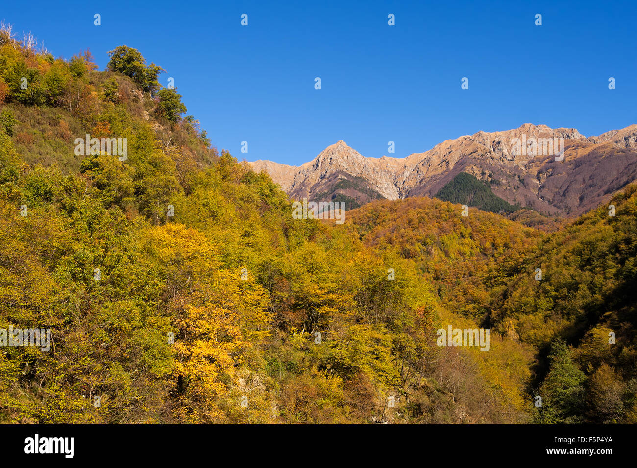 La Lunigiana calme du nord de la Toscane. Couleurs d'automne et Alpes Apuanes. Banque D'Images