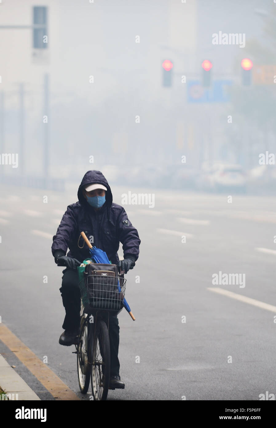 Shenyang, province de Liaoning en Chine. Nov 8, 2015. Un cycliste se déplace sur une route entourée de smog à Shenyang, Liaoning Province du nord-est de la Chine, le 8 novembre 2015. La ville de pollution atmosphérique grave signalé le dimanche, avec la lecture des P2,5 dans 7 heures était 864. Crédit : Yang Qing/Xinhua/Alamy Live News Banque D'Images