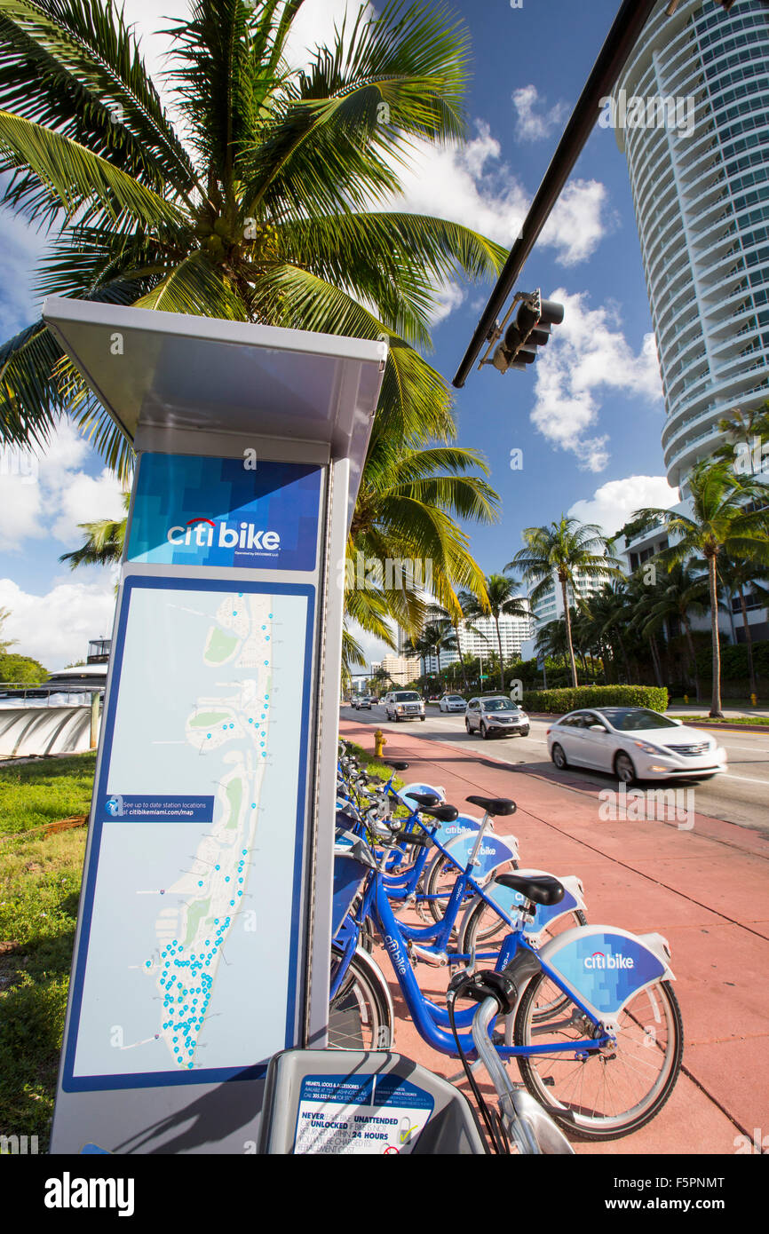 Location de vélos vélo Citi à Miami Beach, Floride, USA. Banque D'Images