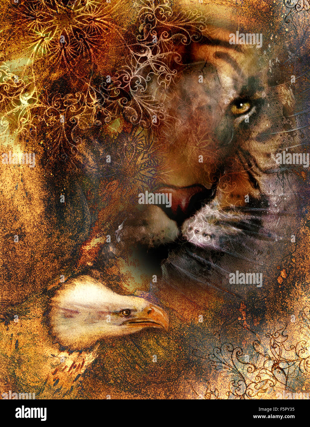 Magnifique tableau de l'aigle et du visage tigre orange sur fond abstrait, d'ornements Banque D'Images