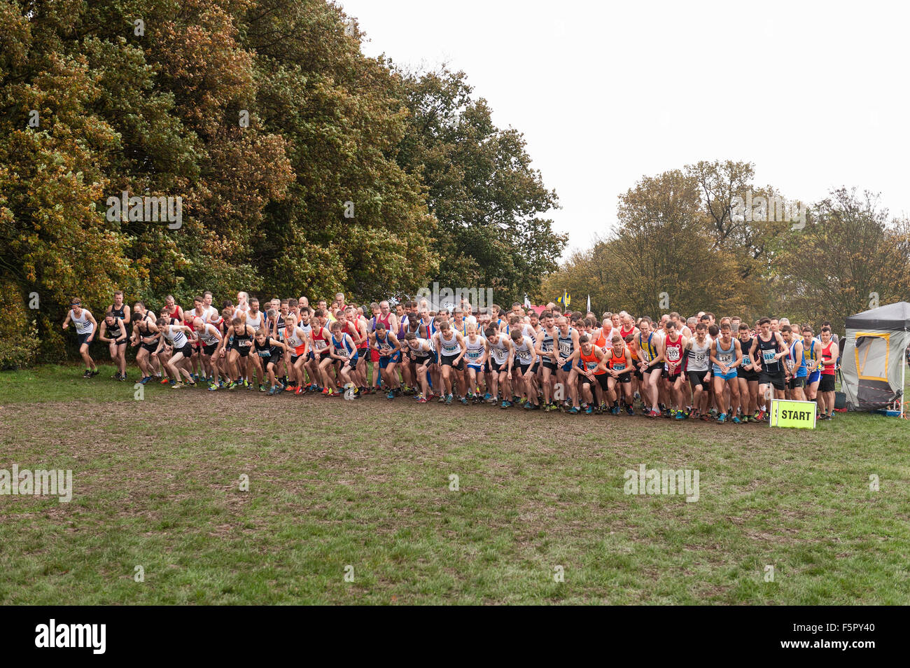 La ligne de masse d'hommes prêts à participer à la course de cross country sur un jour d'automne humide pluie prêt sur la ligne de départ en attente de gun Banque D'Images La ligne de masse d'hommes prêts à participer à la course de cross country sur un jour d'automne humide pluie prêt sur la ligne de départ en attente de gun Banque D'Images