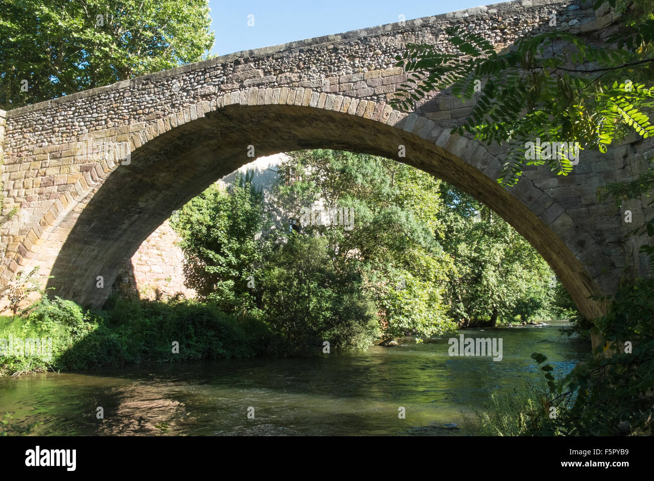 Ancien vieux pont médiéval sur la rivière Aude dans le centre d'Alet les Bains Aude,France,France. Banque D'Images