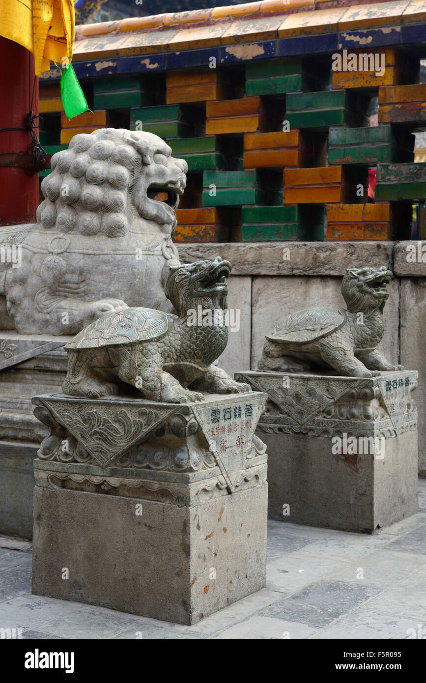 Le Temple de Yonghe Statues de tortues Lion Palais de la paix et l'harmonie Lama Bouddhisme Bouddhiste Lamaserie Beijing Chine religion RM Asia Banque D'Images
