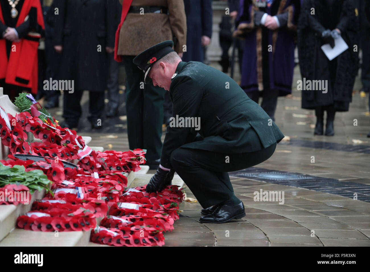 Belfast, Royaume-Uni. 8e novembre 2015. Service de police d'Irlande du Nord (PSNI) Chef de la police Mr George Hamilton dépose une couronne au Monument commémoratif de la journée nationale de commémoration. Credit : Bonzo/Alamy Live News Banque D'Images