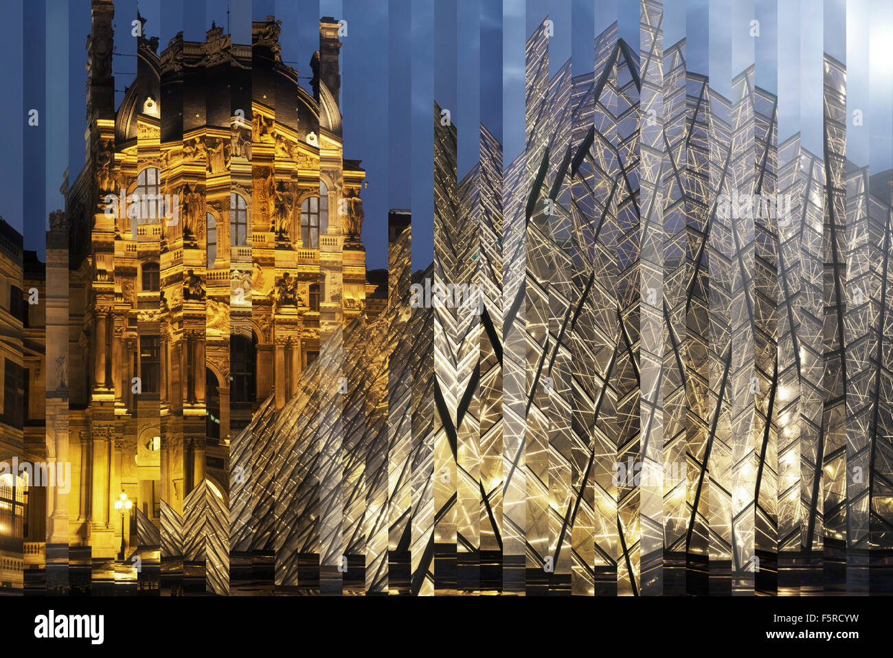 France, Paris, Louvre et pyramide vue à travers le verre déformé Banque D'Images