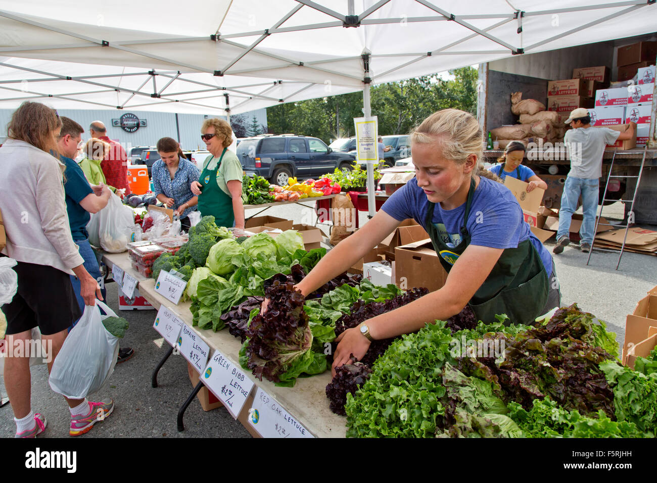 Marché de producteurs du sud d'Anchorage, le shopping. Banque D'Images