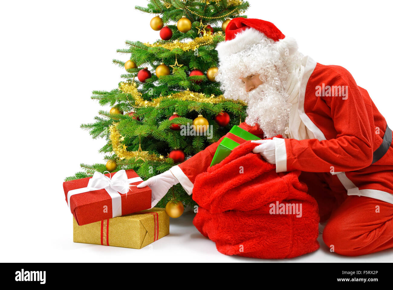 Nice Santa putting coffrets cadeaux sous l'arbre de Noël, isolé studio Banque D'Images