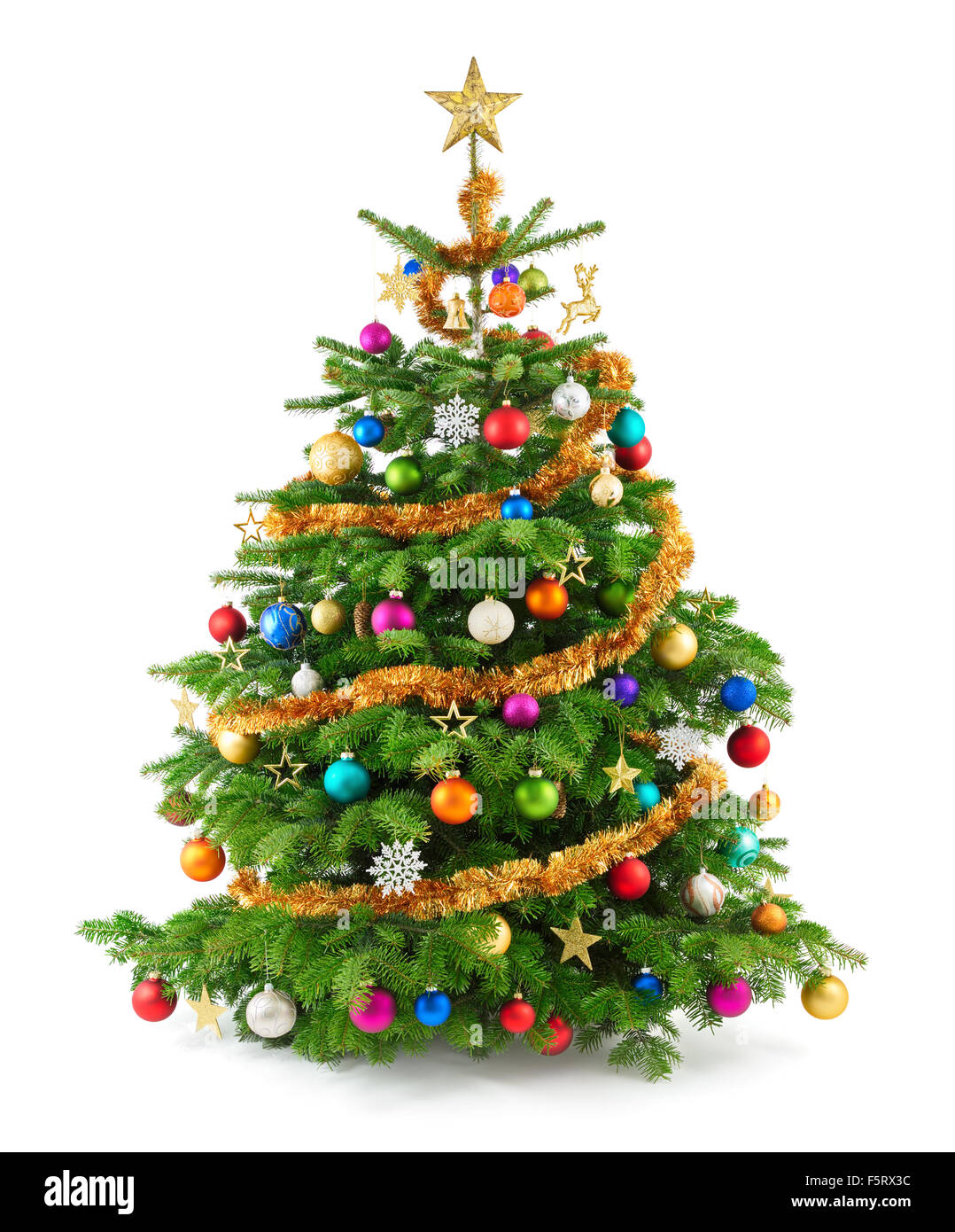 Studio shot joyeux d'un arbre de Noël avec des ornements colorés, isolated on white Banque D'Images