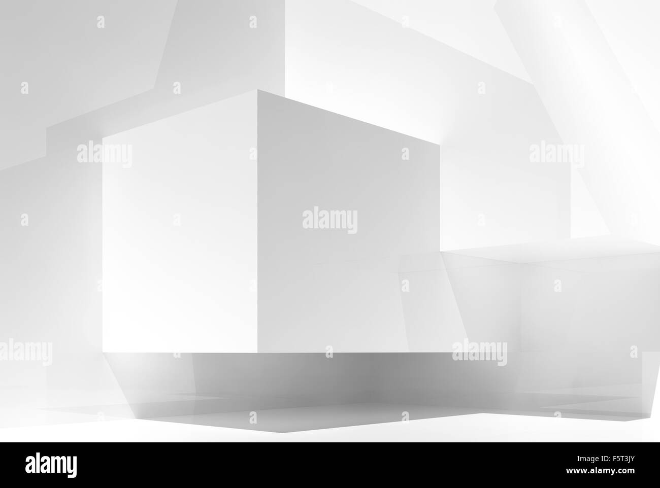 Résumé Contexte intérieur blanc vide avec des formes géométriques chaotique dans un coin et l'éclairage doux, 3d illustration Banque D'Images