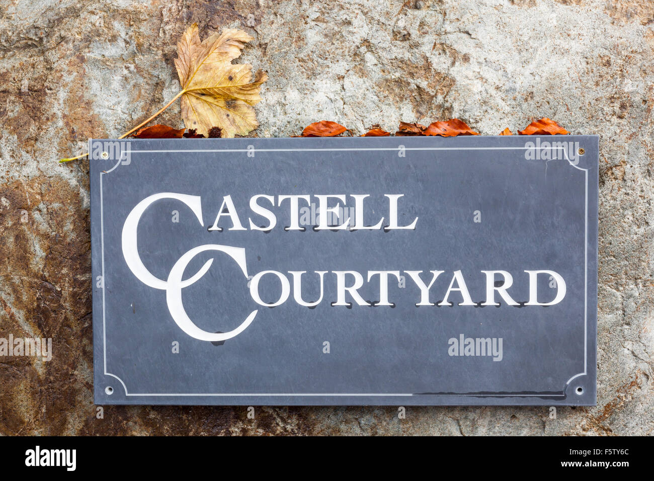 Cour Castell signe, avec les feuilles d'automne, près de Llanrhaeadr-ym-Mochnant, Powys, Wales Banque D'Images