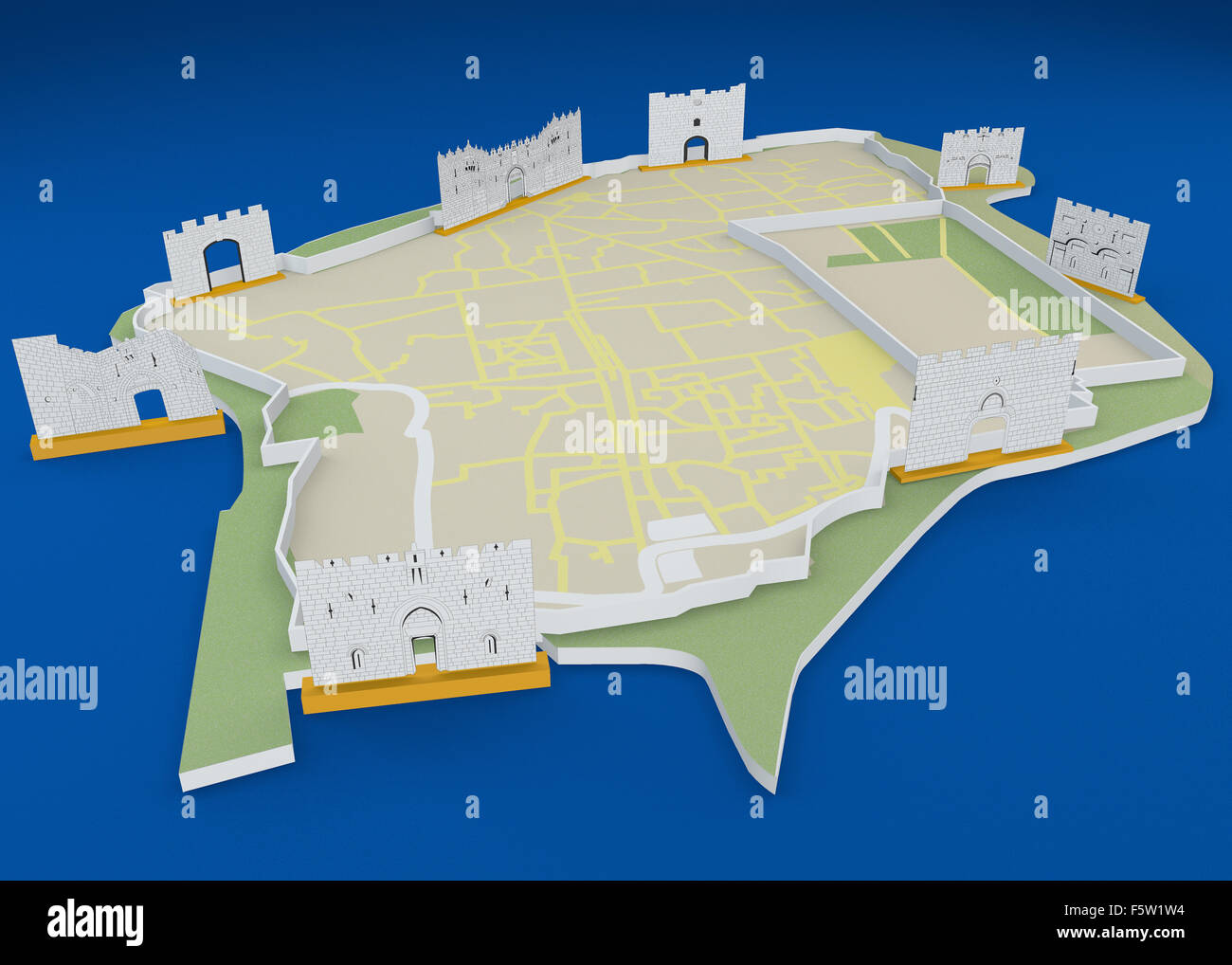 Illustration de l'ancienne carte de la ville avec huit portes de Jérusalem, Israël sur fond bleu Banque D'Images