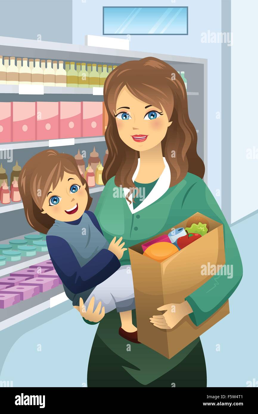 Un vecteur illustration de belle mère portant des sacs d'épicerie et de sa fille Illustration de Vecteur