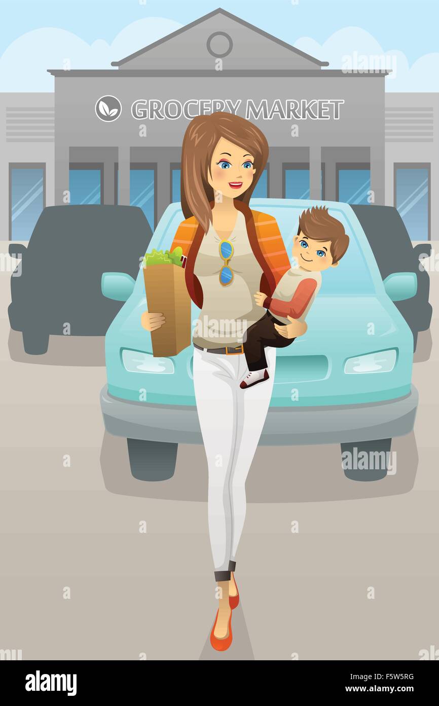 Un vecteur illustration de belle mère portant son fils et les sacs d'épicerie Illustration de Vecteur