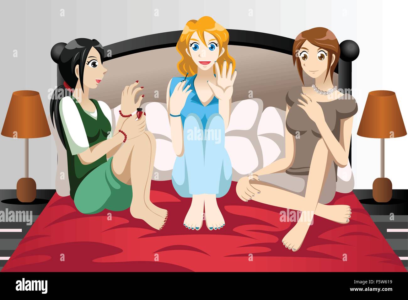 Un vecteur illustration de beaux adolescents faisant une pédicure ensemble dans la chambre à coucher Illustration de Vecteur