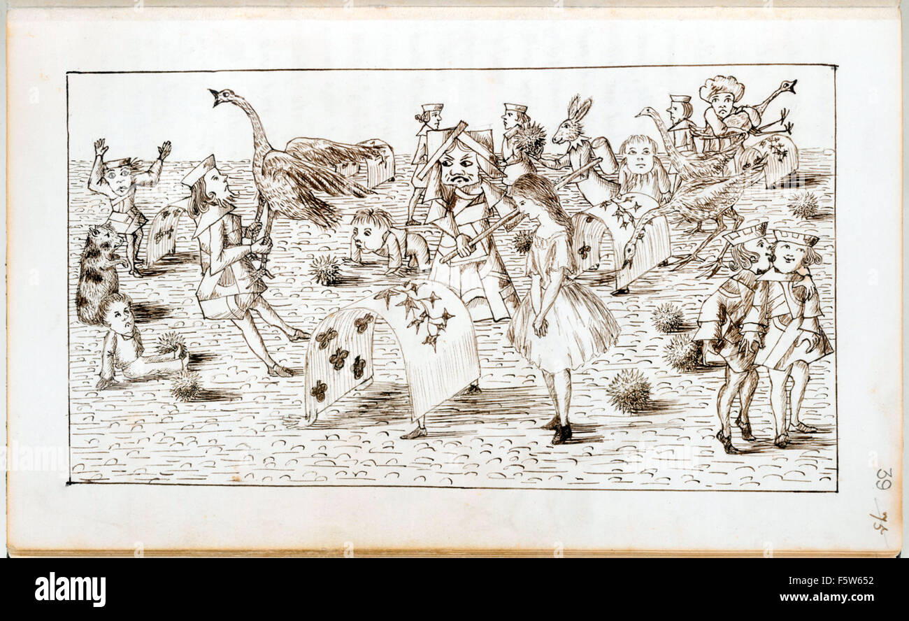 Alice joue au croquet avec la reine de coeur, extraite du manuscrit original de "Alice's Adventures Under Ground" par Charles Lutwidge Dodgson (1832-1898) donné à Alice Liddell en novembre 1864 et publié sous le titre "Alice's Adventures in Wonderland" en 1865 sous le nom de plume Lewis Carroll. Voir la description pour plus d'informations. Banque D'Images