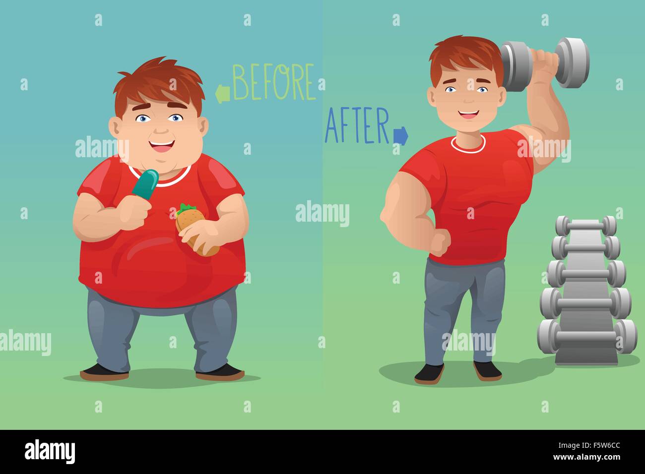 Un vecteur illustration de la notion de perte de poids d'un homme avant et après l'alimentation Illustration de Vecteur