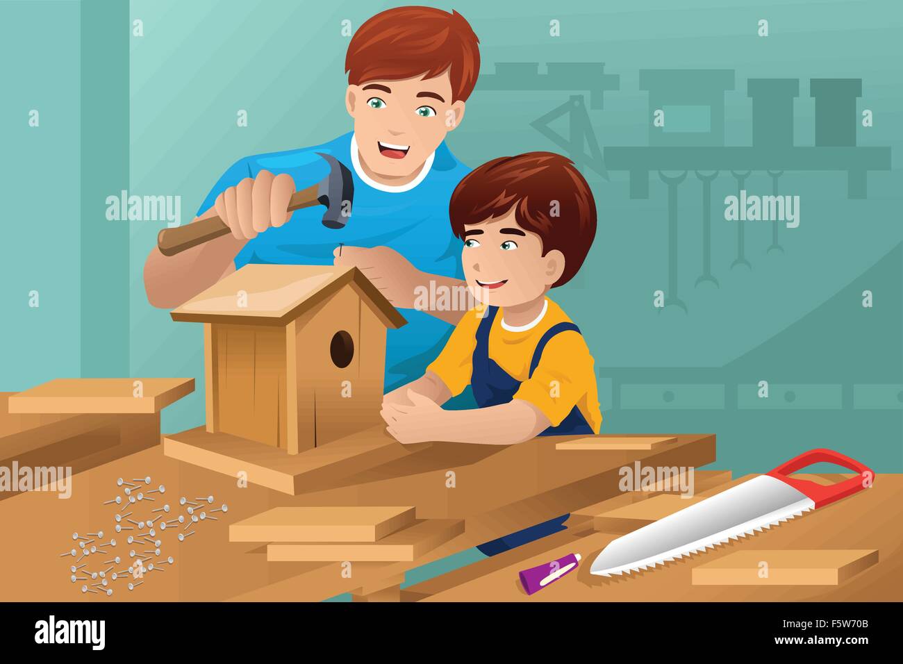 Un vecteur illustration de père faire une cabane avec son fils Illustration de Vecteur