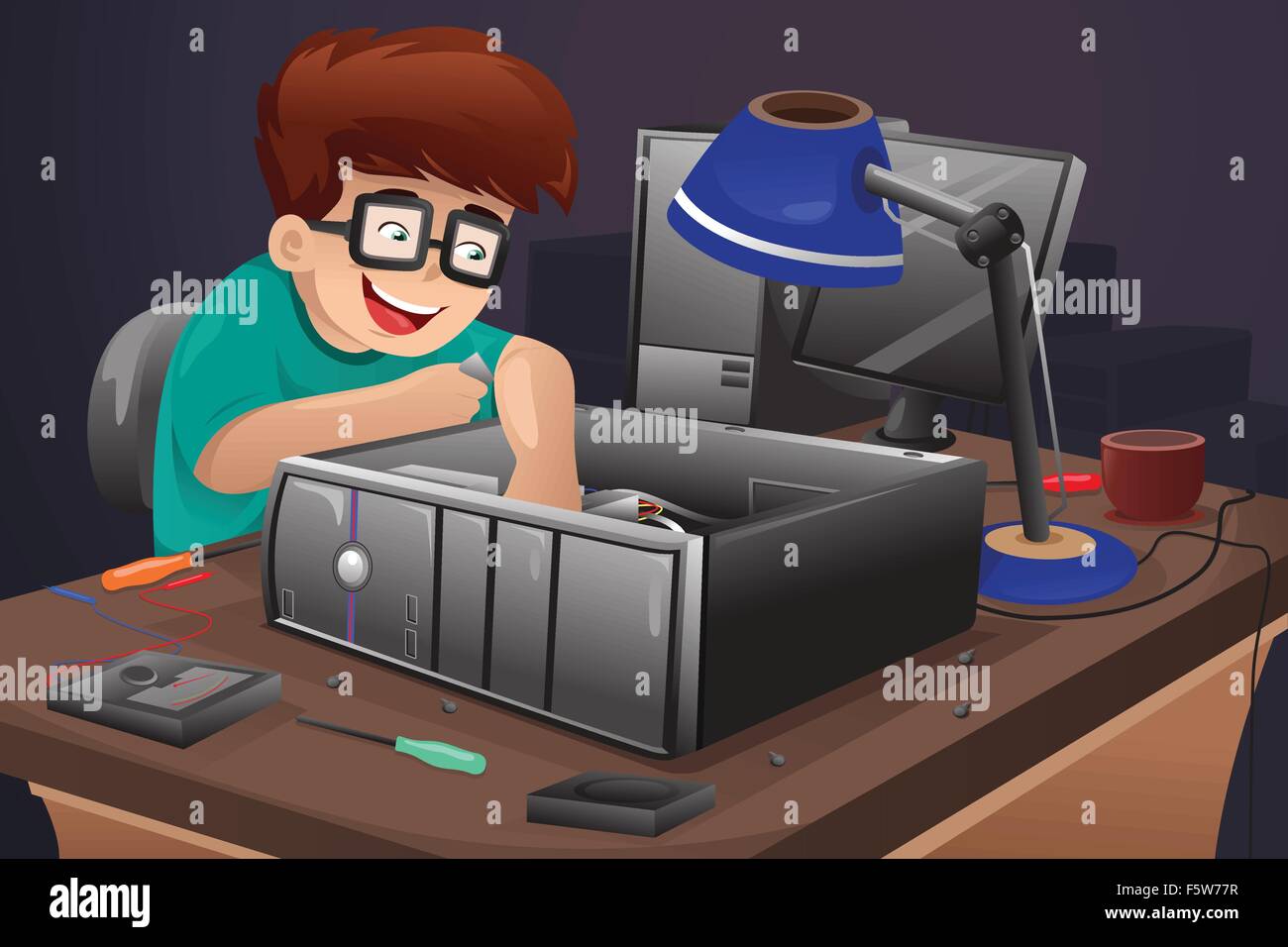 Un vecteur illustration de geek la réparation d'un ordinateur Illustration de Vecteur