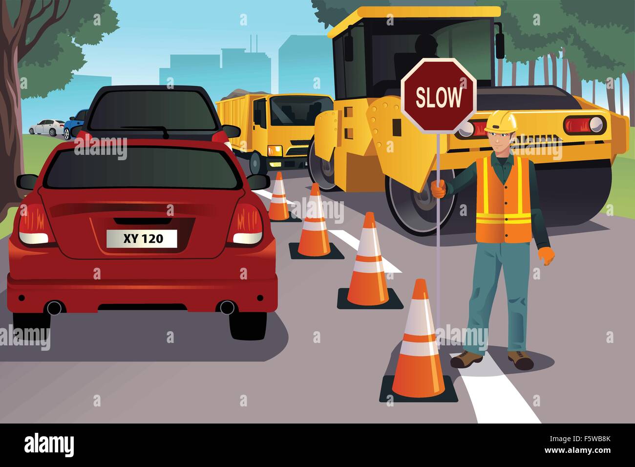 Un vecteur illustration d'un travail sur la construction de routes ...
