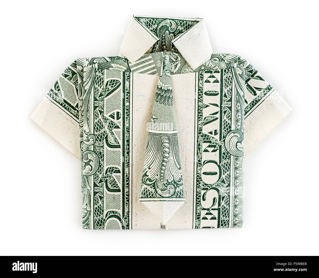 Origami Dollar chemise et cravate isolé sur fond blanc. Moneygami. Banque D'Images