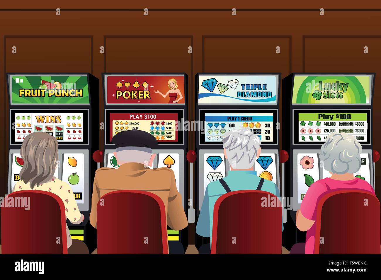 Un vecteur illustration de personnes jouant des machines à sous dans le casino Illustration de Vecteur