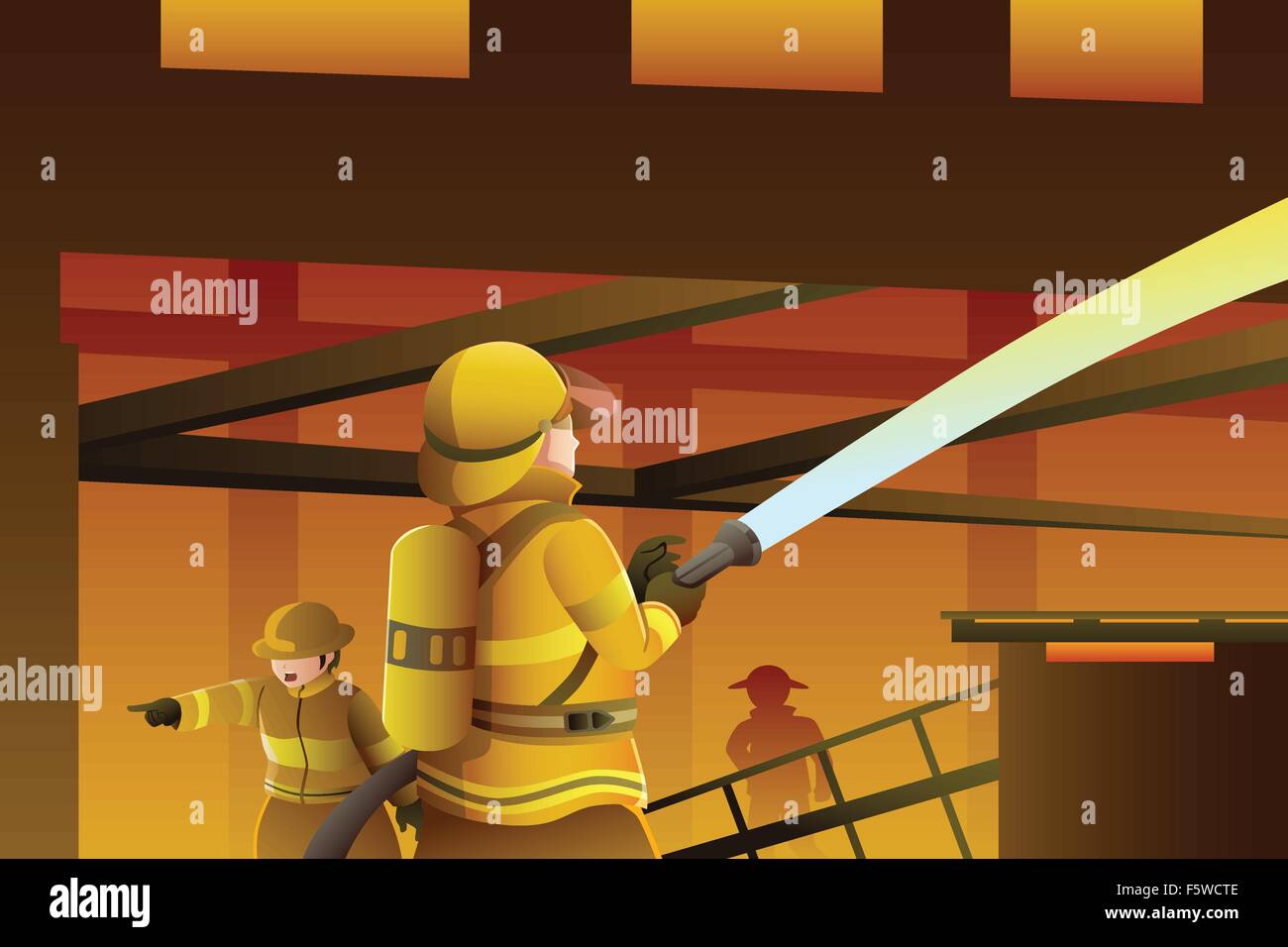 Un vecteur illustration de pompiers éteindre le bâtiment en feu Illustration de Vecteur