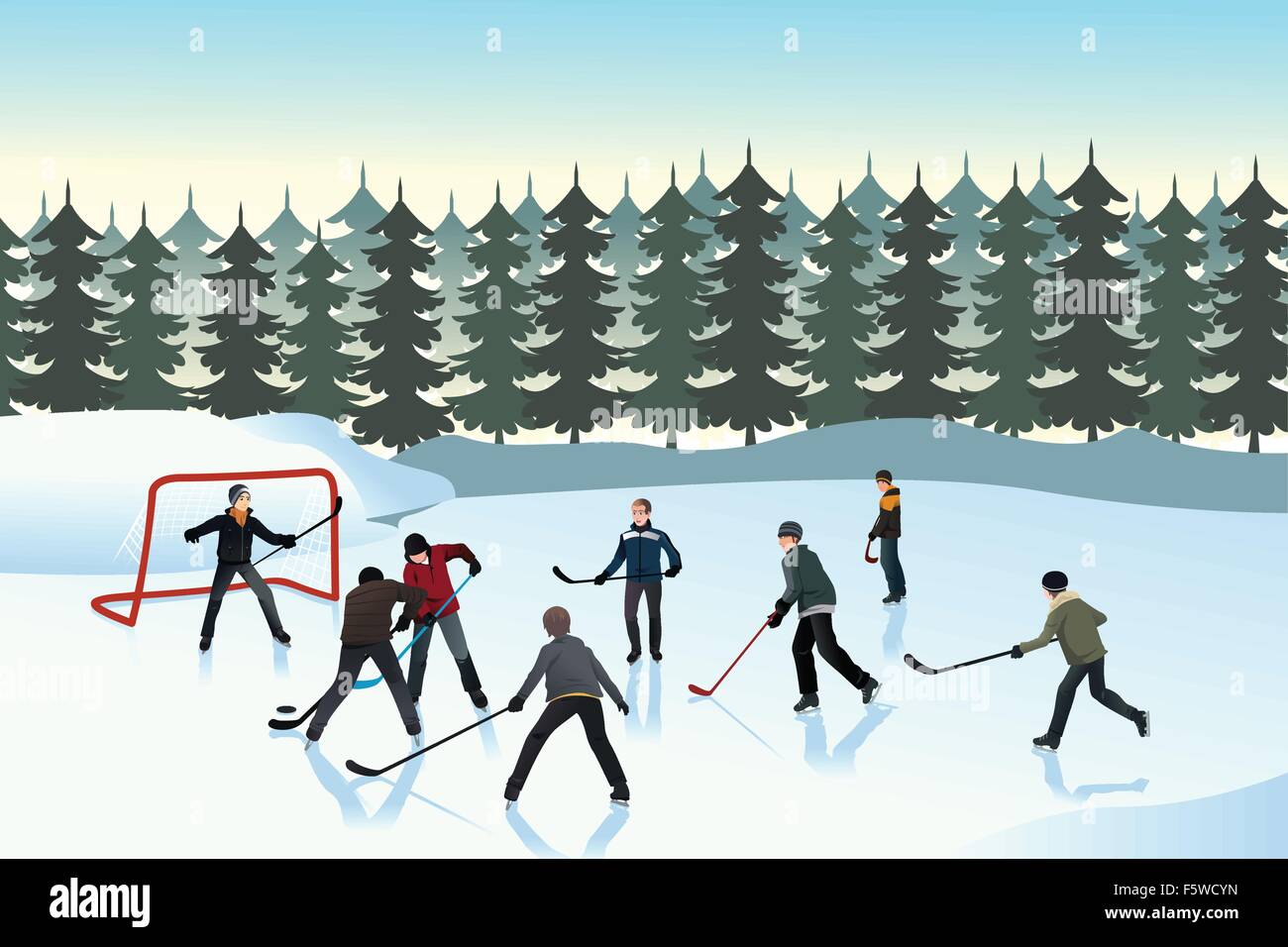 Un vecteur illustration d'hommes jouer au hockey sur glace sur une patinoire en plein air Illustration de Vecteur