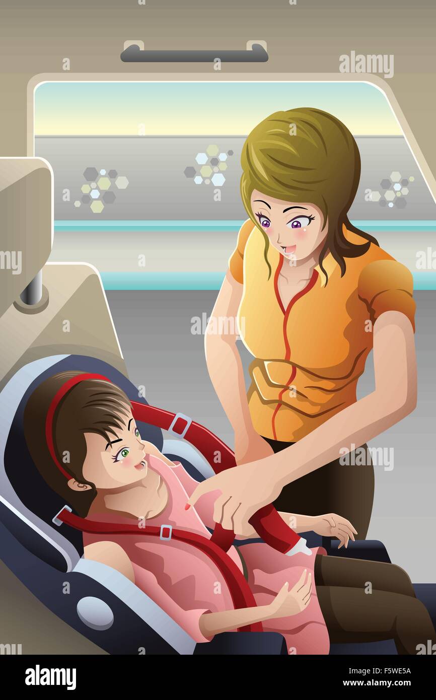 Un vecteur illustration de cerclage de la mère sur son enfant ceinture de siège de voiture Illustration de Vecteur