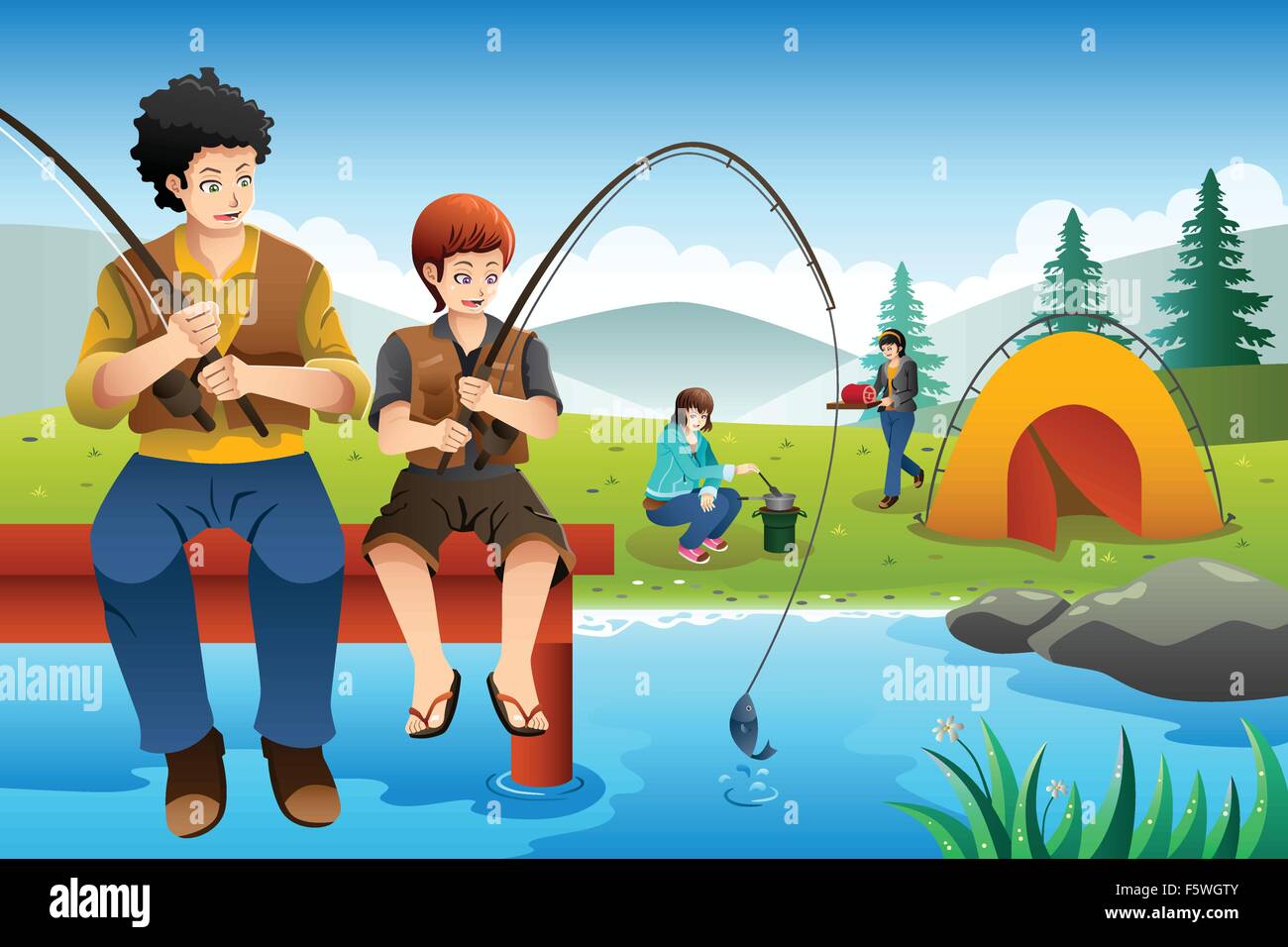 Un vecteur illustration de père et fils la pêche, tandis que mère et fille la cuisine près de la tente de camping Illustration de Vecteur