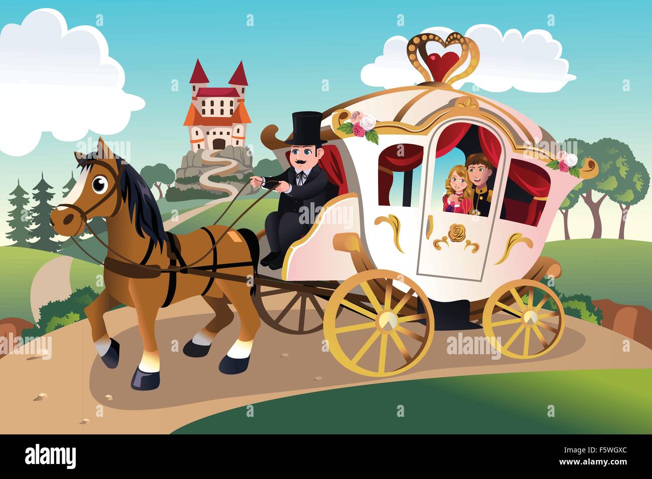Un vecteur illustration de prince et princesse dans un wagon tiré de cheval Illustration de Vecteur