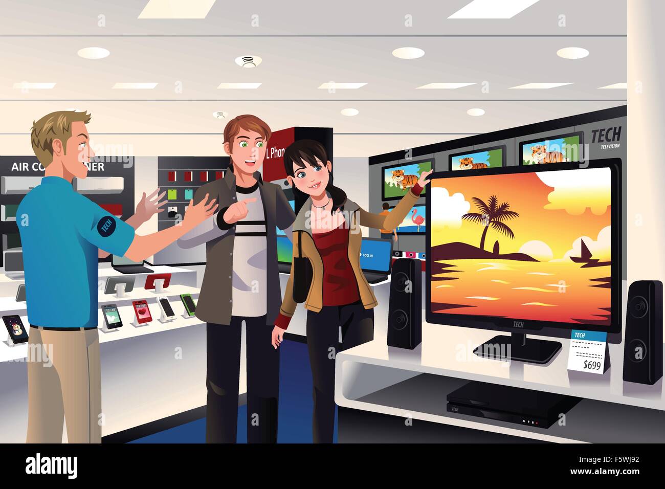 Un vecteur illustration d'un couple qui achète TV dans un grand magasin d'électronique Illustration de Vecteur