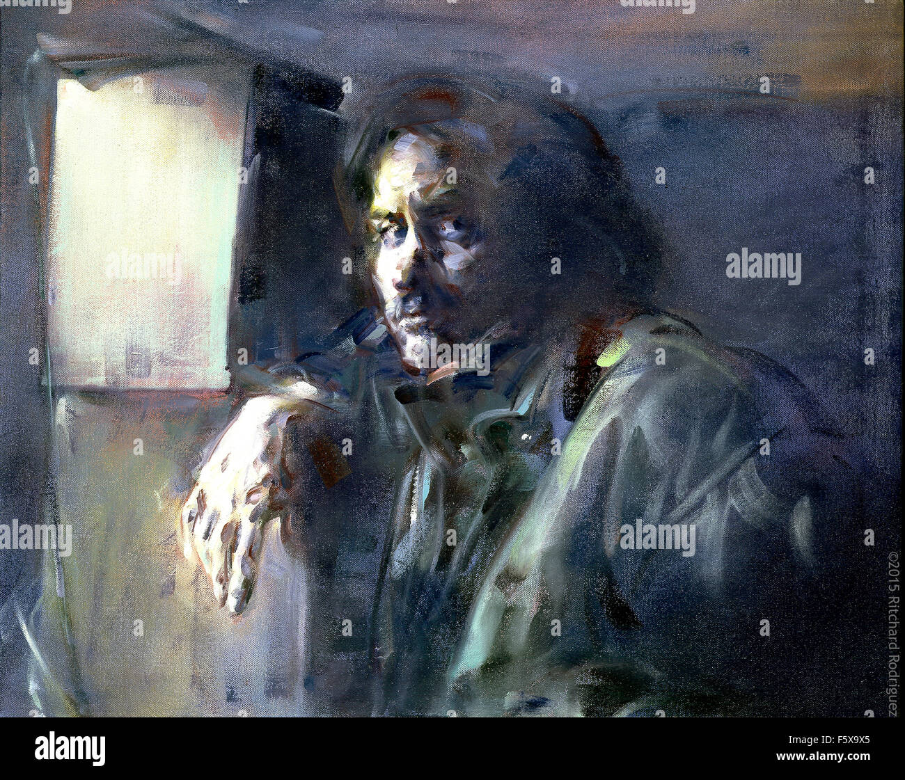 Portrait de mon ami, pionnier de la musique et fondateur d'American Clave Records, Kip Hanrahan, huile sur lin. Banque D'Images