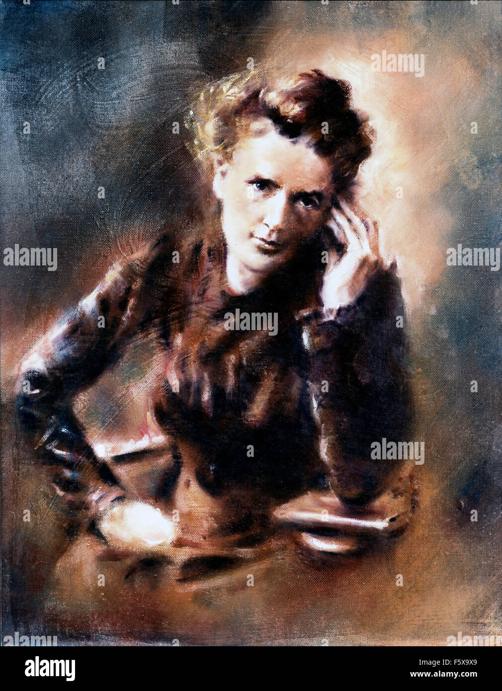 Portrait du Prix Nobel, Marie Curie, huile sur panneau. Banque D'Images