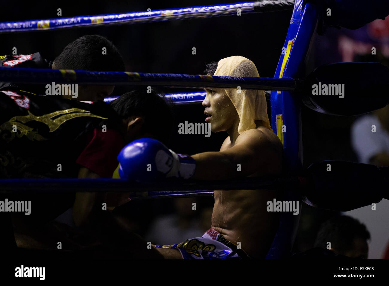 Le Muay Thai fight (Rajadamnern stadium, Bangkok, Thaïlande). Banque D'Images