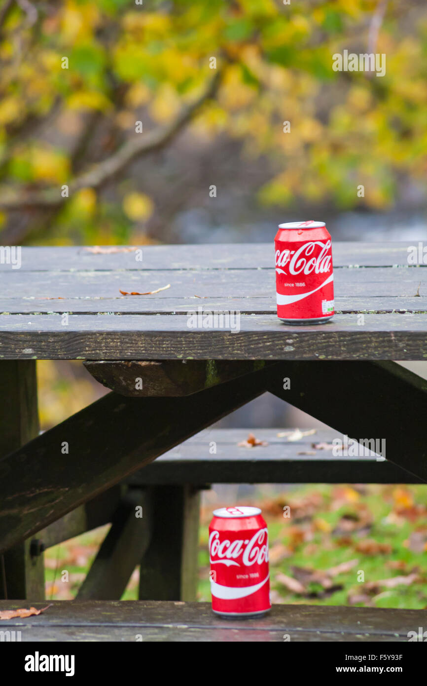 Coca-Cola conserve des canettes sur table au village d'Elan dans la vallée d'Elan, Powys, Mid Wales, Royaume-Uni en novembre Banque D'Images