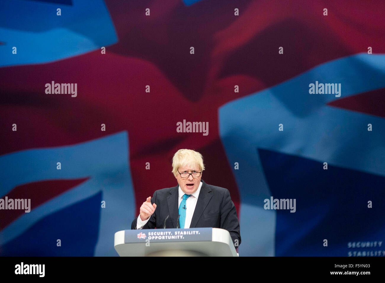 Maire de Londres Boris Johnson sur scène en donnant son discours pendant la conférence du parti conservateur , Manchester , Octobre 2015 Banque D'Images