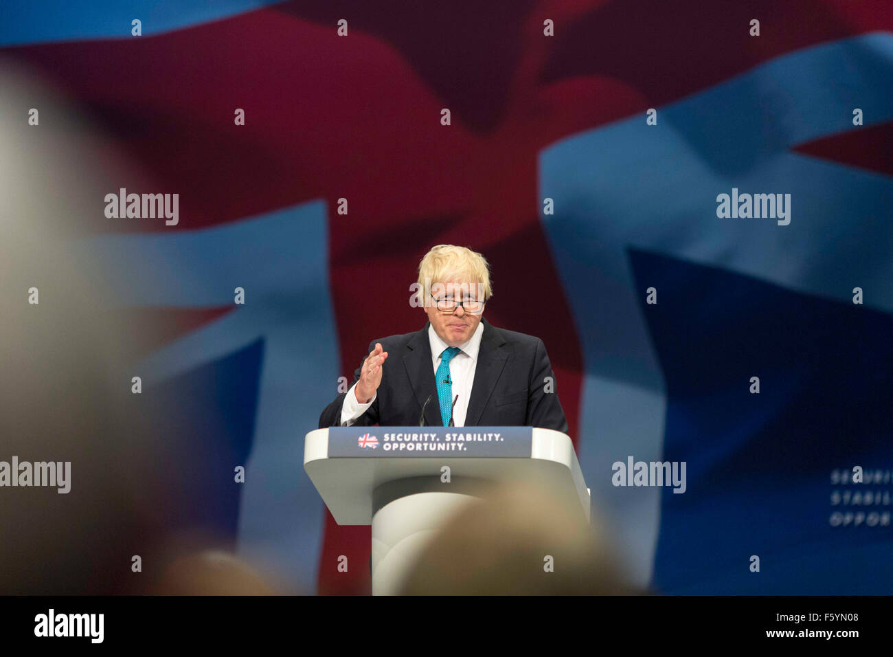 Maire de Londres Boris Johnson sur scène en donnant son discours pendant la conférence du parti conservateur , Manchester , Octobre 2015 Banque D'Images