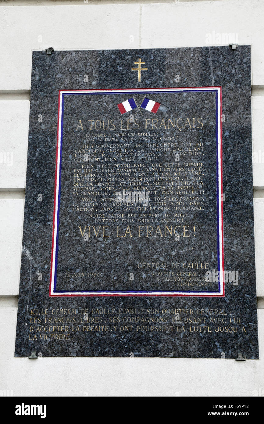 Plaque commémorant les Forces Française Libre de Londres Banque D'Images