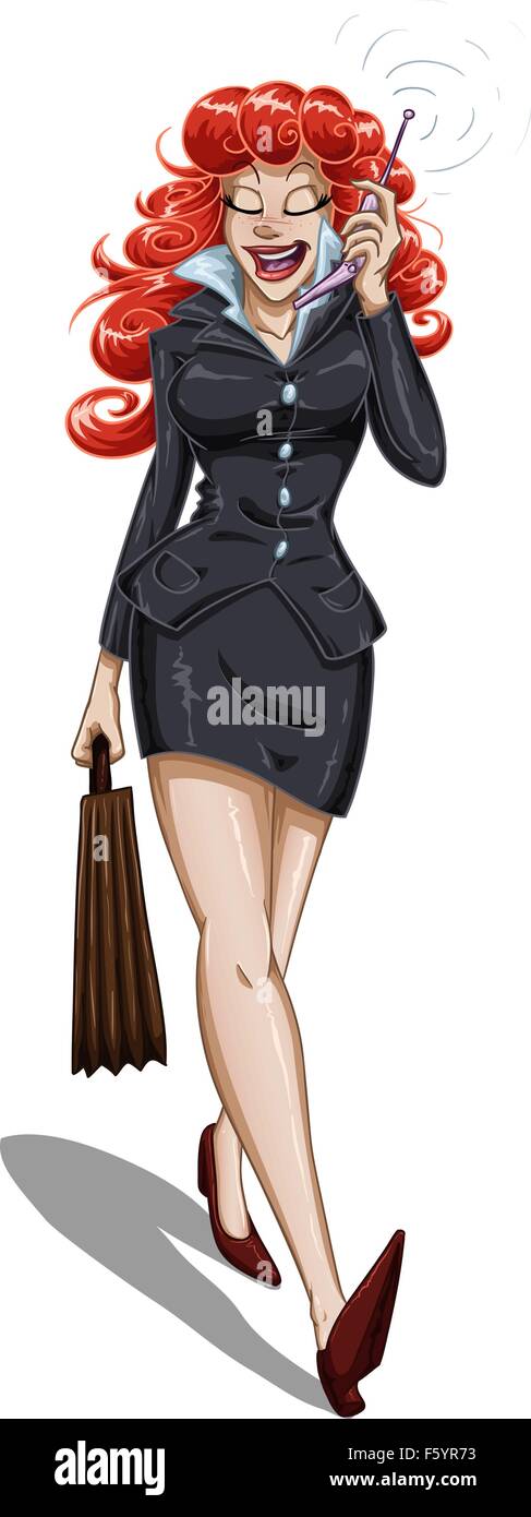 Un vecteur illustration d'une femme d'affaires à tête rouge marcher avec un porte-documents et de parler sur son portable. Illustration de Vecteur