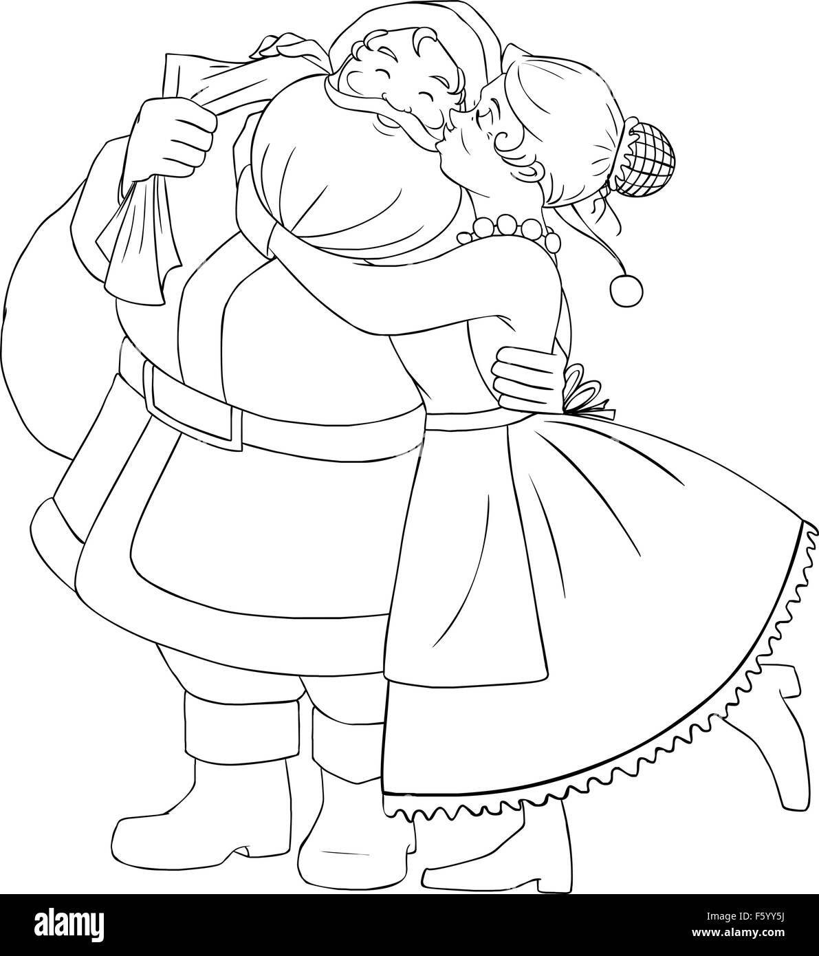 Vector illustration page à colorier de Mrs Claus Santa baisers sur la joue et le pour Noël. Illustration de Vecteur