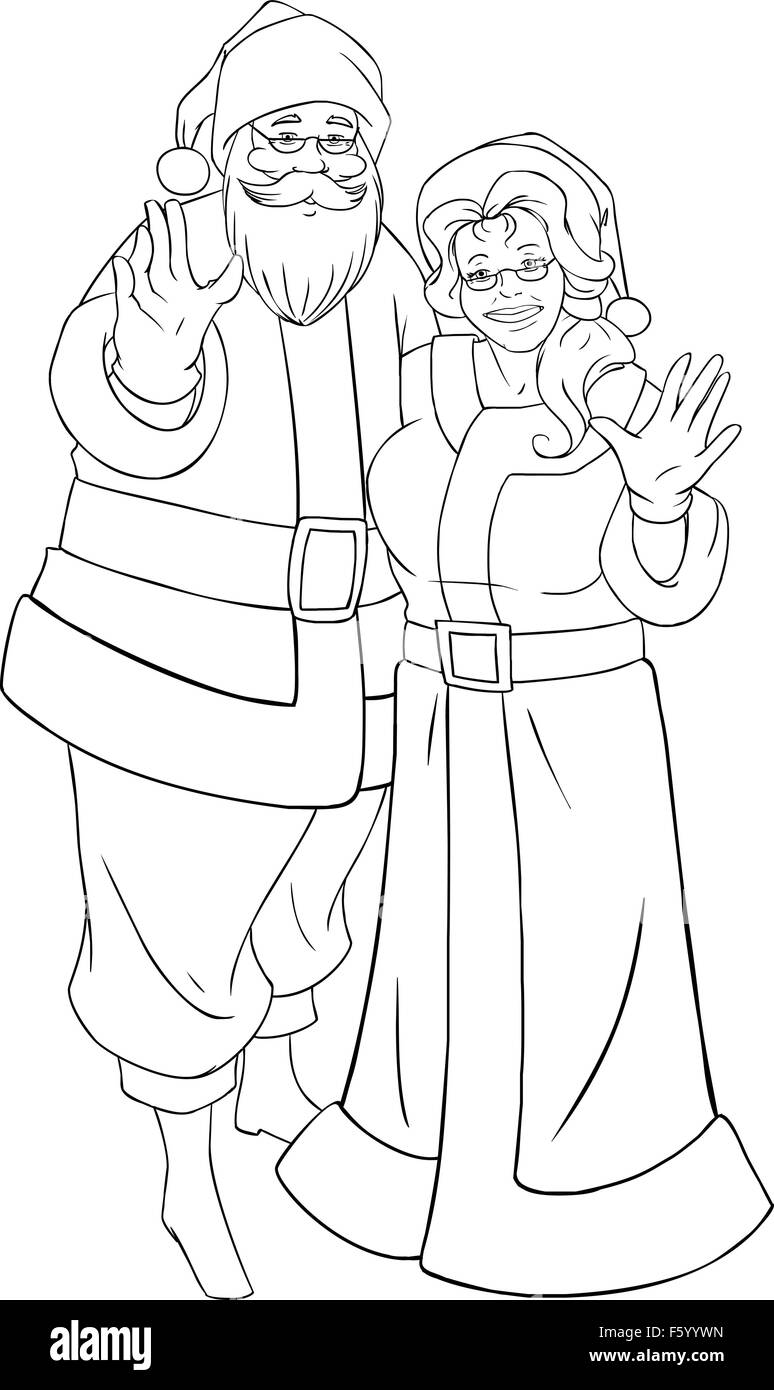 Vector illustration coloriage du Père Noël et de Mrs Claus - permanent et en agitant leurs mains pour Noël. Illustration de Vecteur