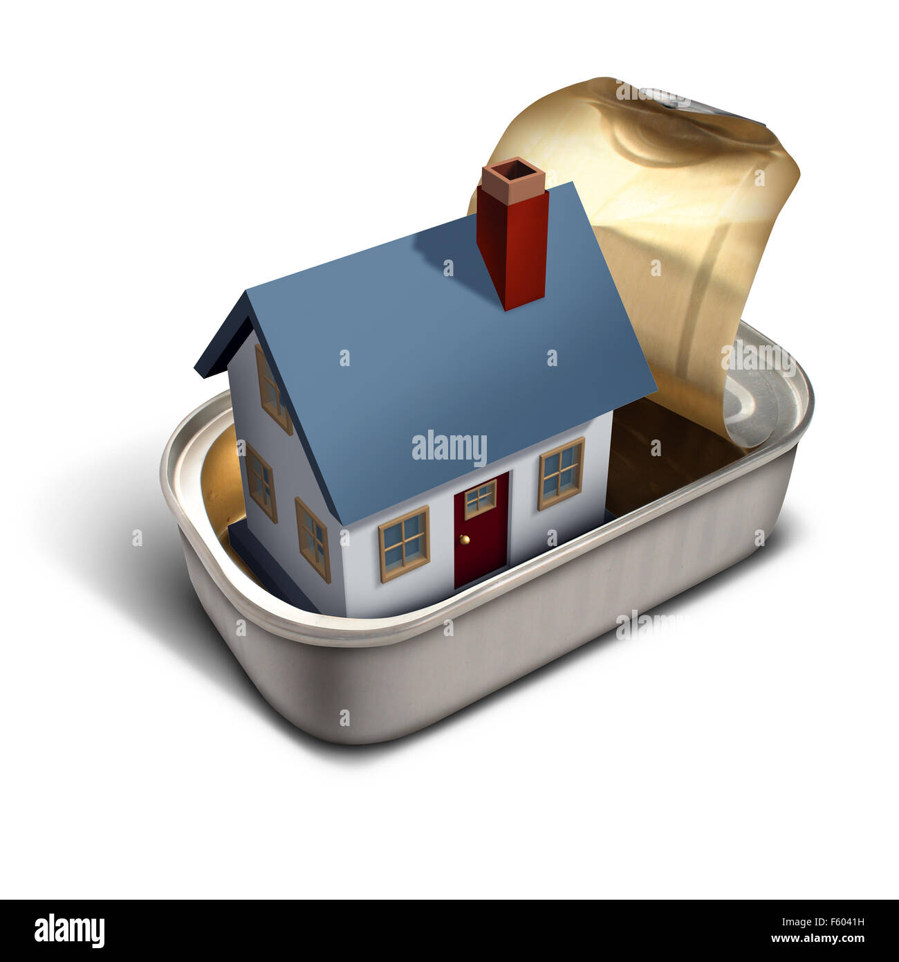 Limitée accueil immobilier déménagement time concept comme une maison de famille à l'intérieur d'une métaphore de la sardine peut vivre dans un débordement de l'étroit Banque D'Images