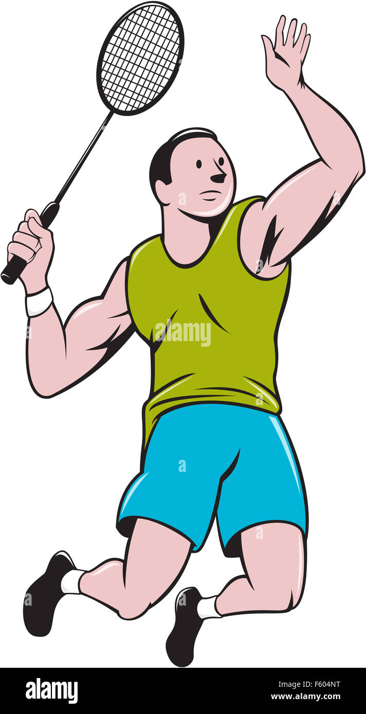 Illustration D Un Joueur De Badminton Raquette Ensemble Avec Smashing Isolees Sur Fond Blanc Fait Dans Un Style De Dessin Anime Photo Stock Alamy